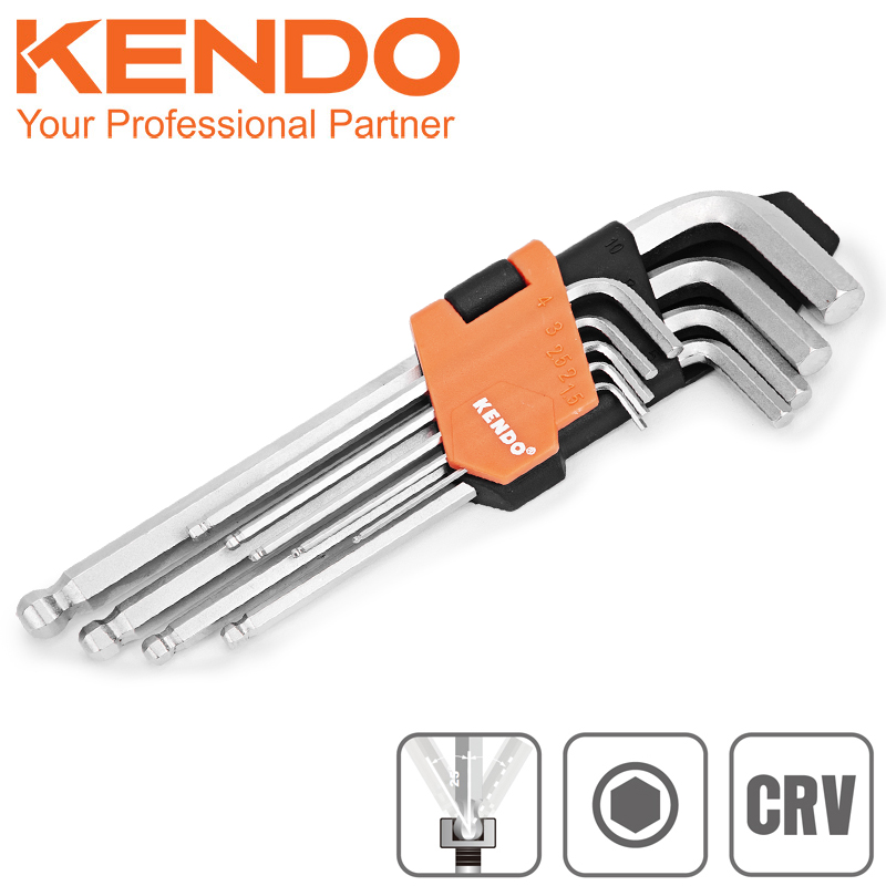 KENDO Sada imbusových klíčů L s kuličkou 9ks 1,5-10mm extra dlouhá CRV 20737